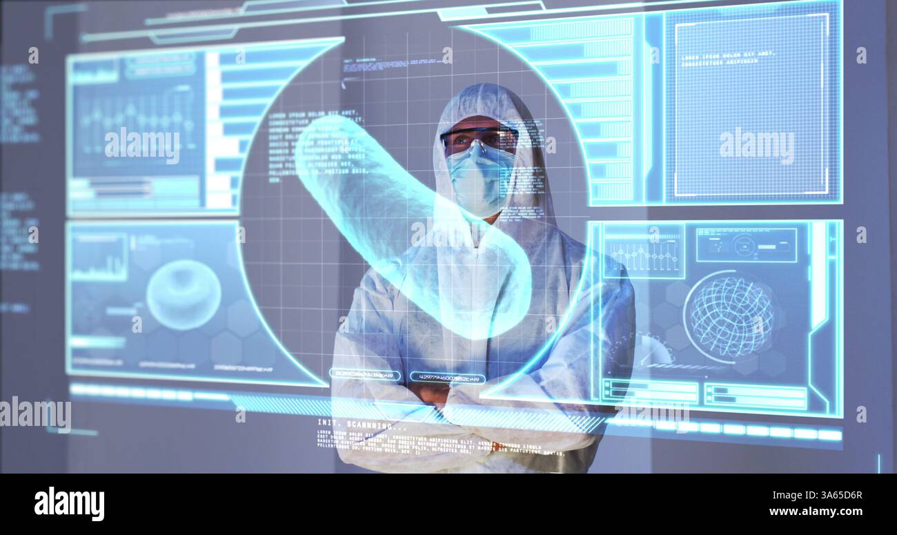 Image of scientist standing behind interactive screen with medical data processing Stock Photo