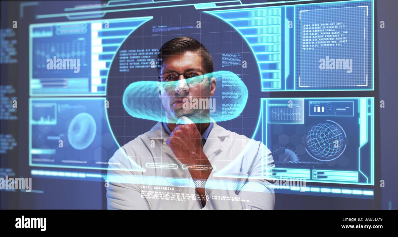 Image of male scientist behind interactive computer screen with medical ...
