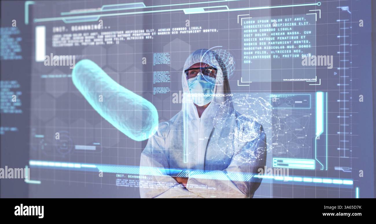 Image of scientist standing behind interactive screen with medical data processing Stock Photo