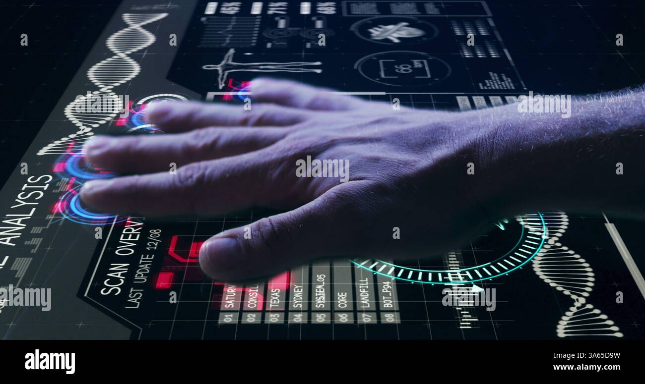 Image of man's hand touching interactive screen reading fingerprints and medical data processing Stock Photo