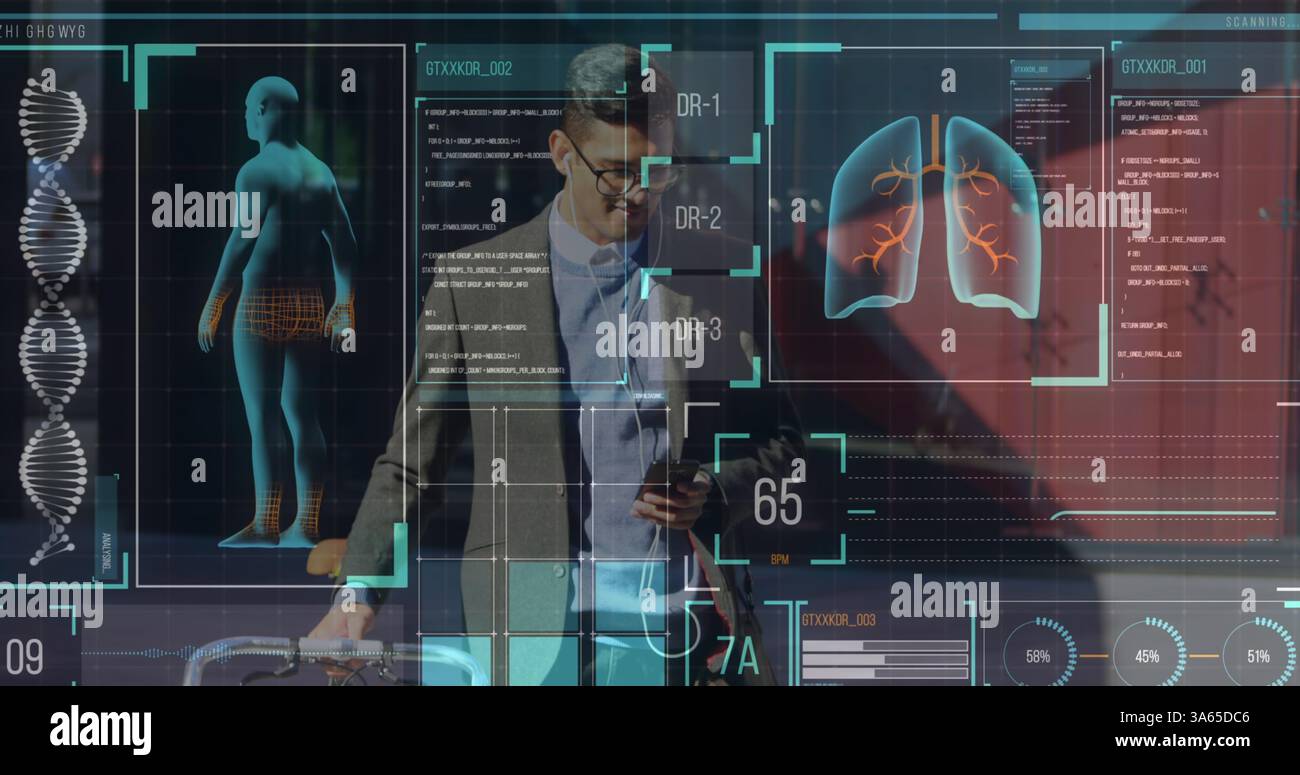 Digital interface with medical data processing against man with trolley bag using smartphone Stock Photo
