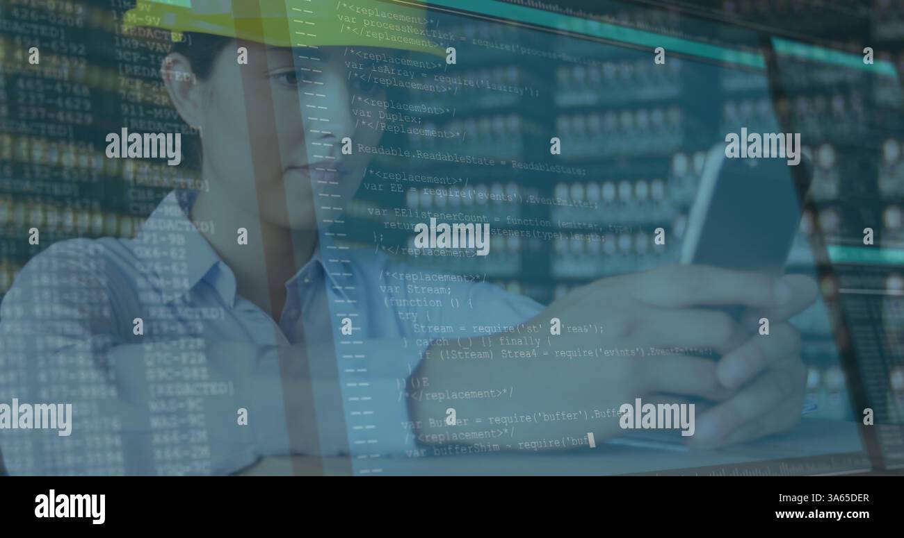 Computer data processing against female caucasian architect using smartphone Stock Photo