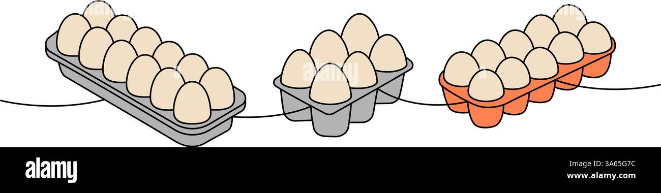 Chicken eggs in boxes one line colored continuous drawing. Boiled eggs, broken eggshell, omelette, protein and yolk. Vector illustration Stock Vector