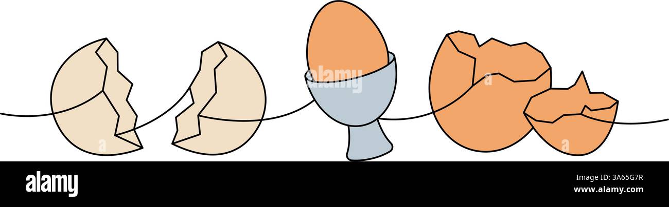 Chicken eggs one line colored continuous drawing. Boiled eggs, broken eggshell, omelette, protein and yolk. Vector illustration Stock Vector