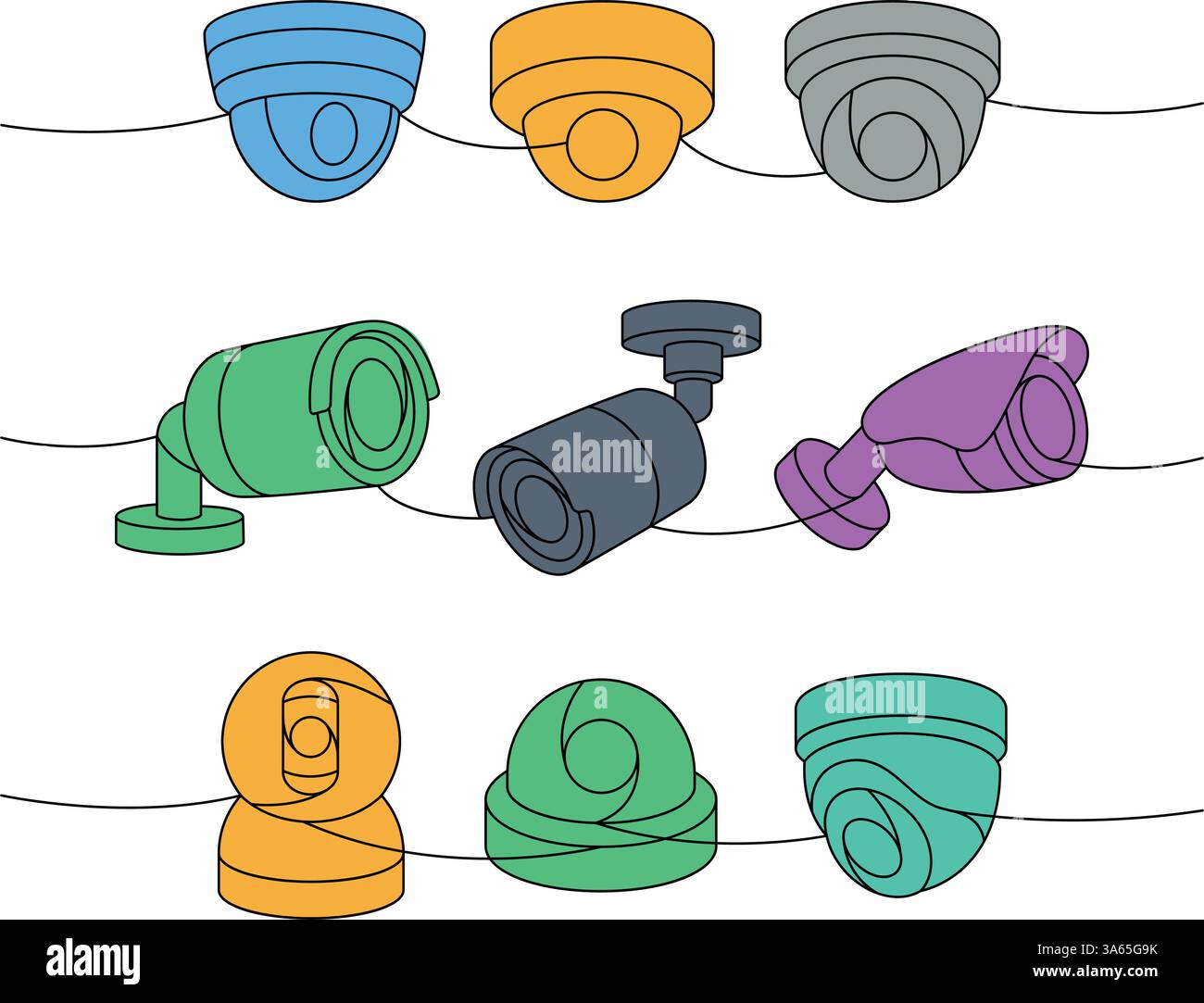 Security cameras one line colored continuous drawing. Home protection system. Vector illustration. Stock Vector