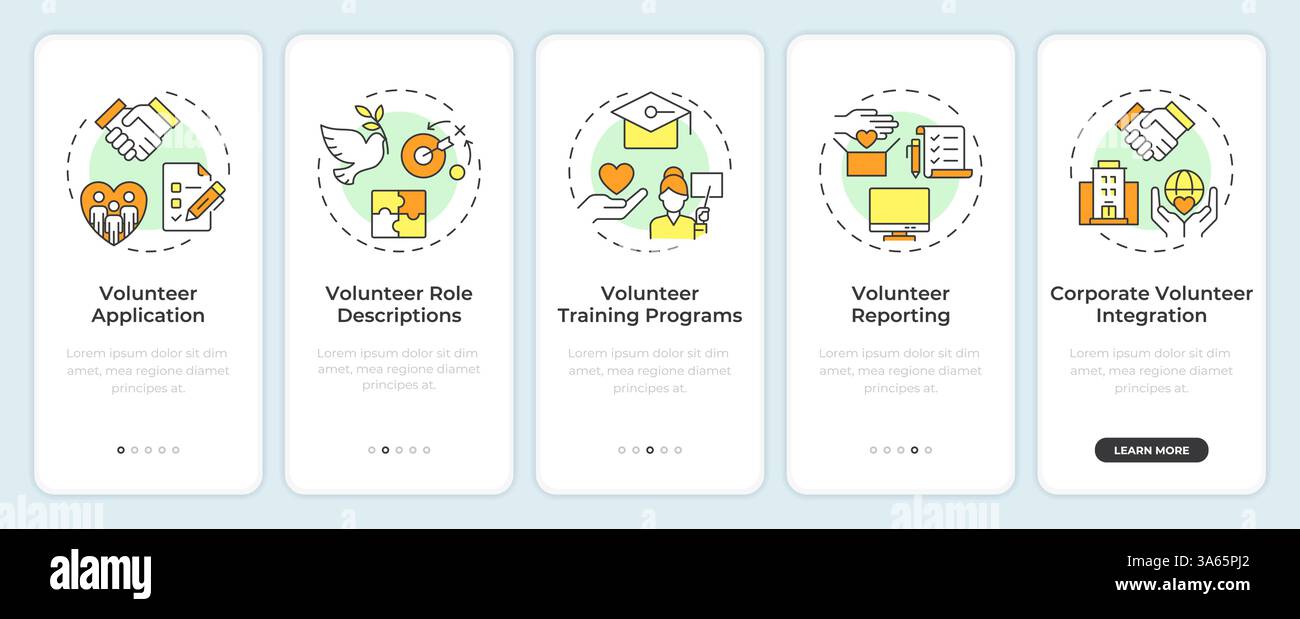 Volunteer program administration onboarding mobile app screen Stock Vector