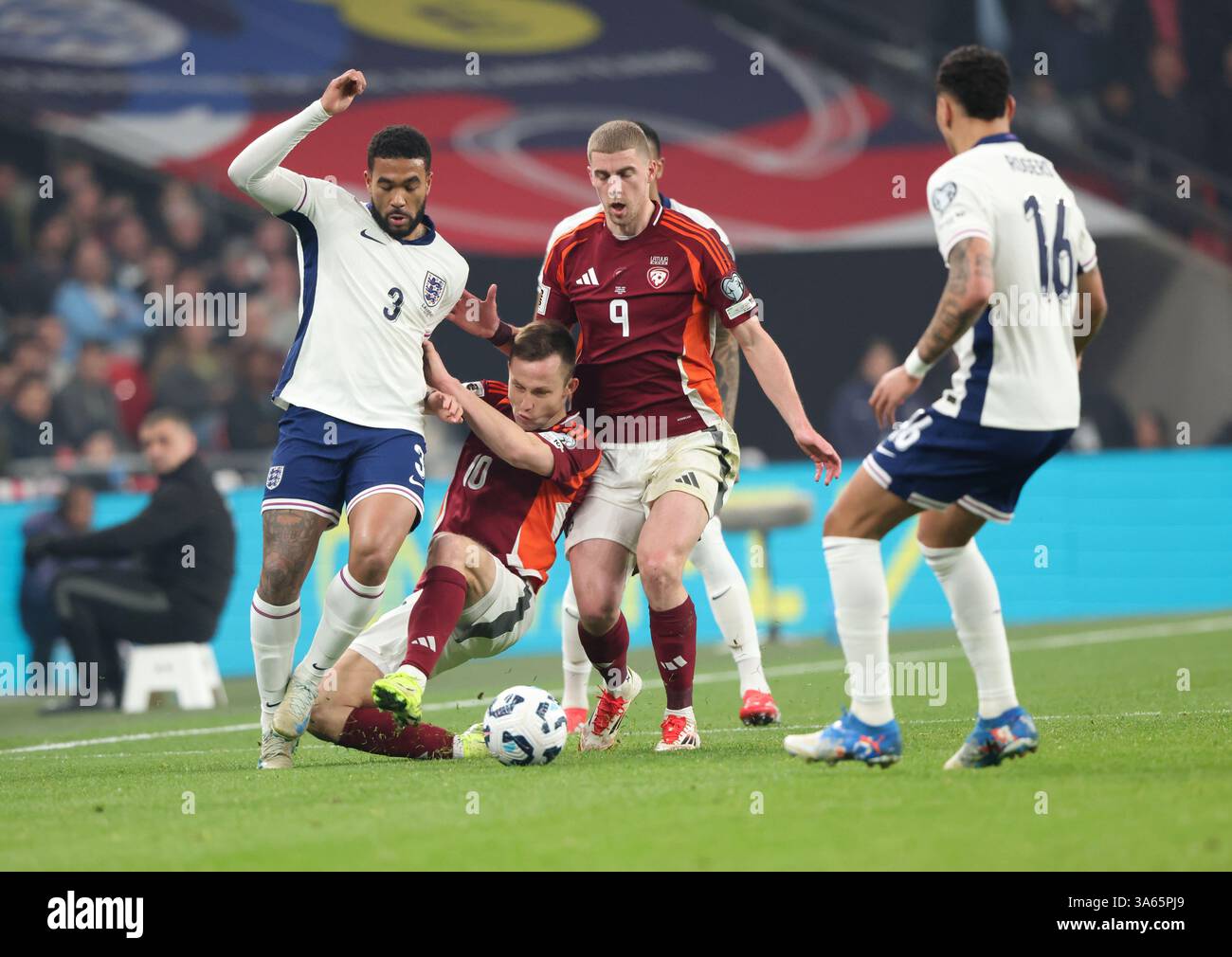 Pj Reece London, UK. 24th Mar, 2025. Reece James (E) Jānis Ikaunieks (L ...