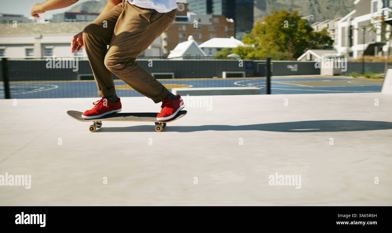 Skate park, legs and person outdoor for sport, competition challenge ...