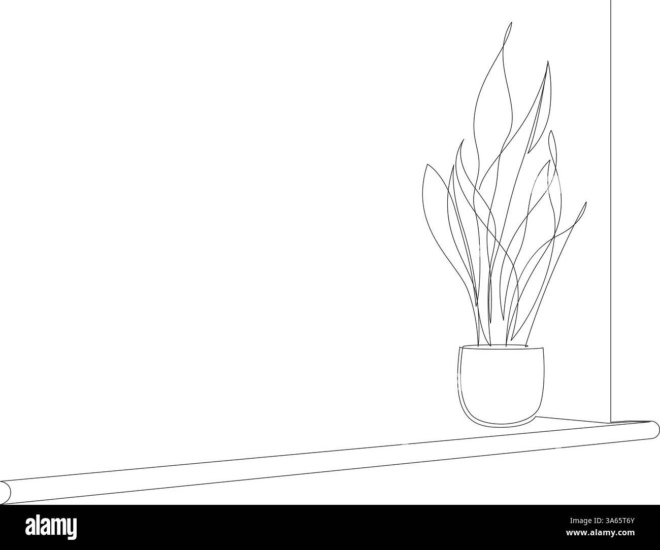 Flower pot on window sill, continuous line art illustration of plant on ...