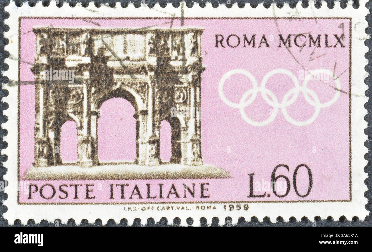 Cancelled postage stamp printed by Italy, that shows Arch of ...