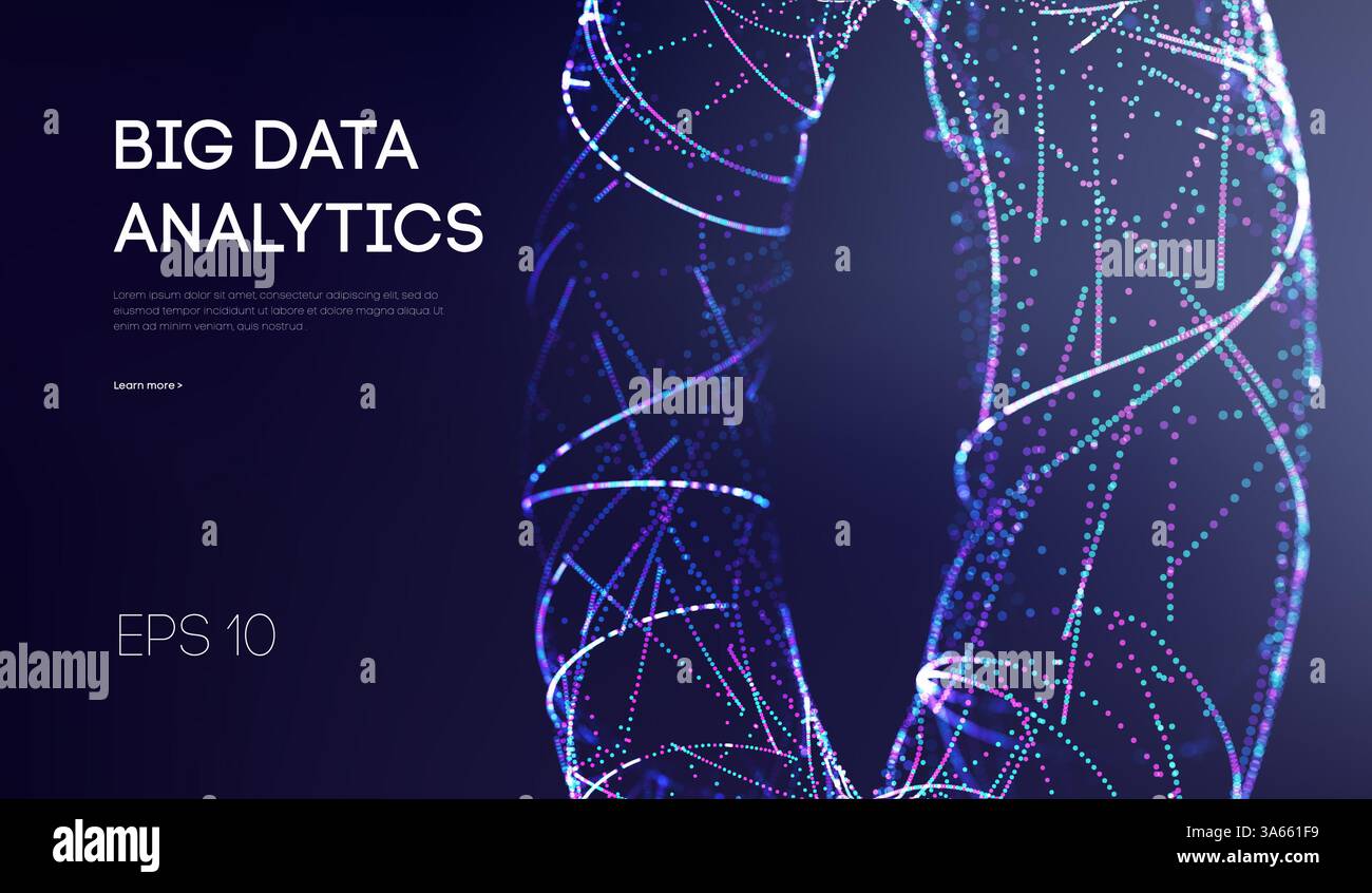 Big data analytics concept with glowing particle helix, futuristic digital visualization, abstract data stream and machine learning elements on dark Stock Vector