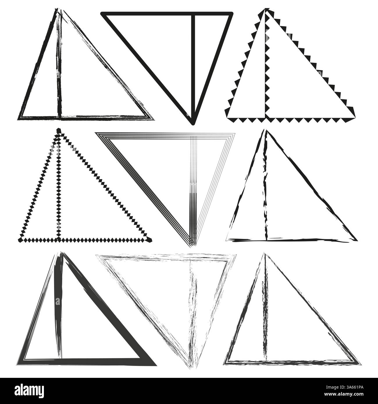 Hand drawn triangle shapes. Geometric abstract patterns. Distressed triangular icons. Vector design set. Stock Vector