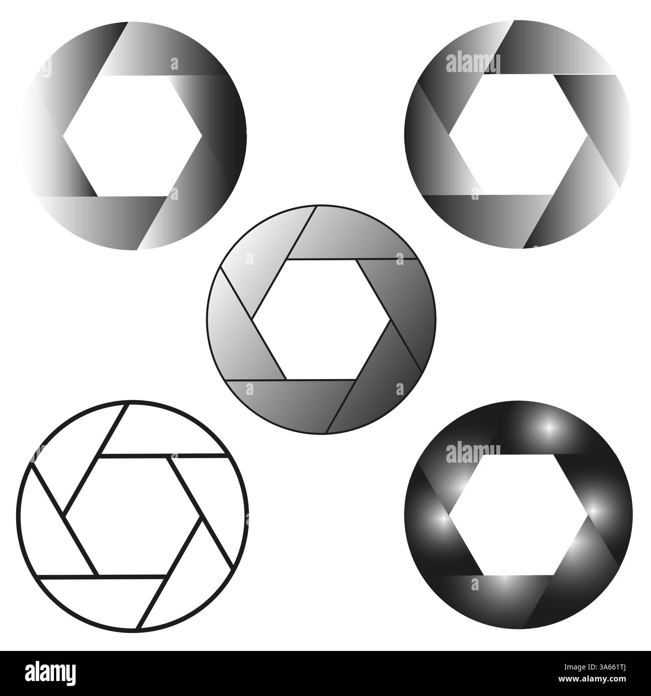 Metallic shutter icons. Camera aperture design. Black and grey gradient ...