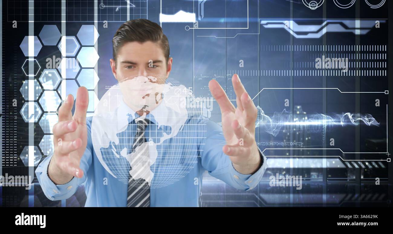 Exploring futuristic digital technology, businessman interacting with virtual interface Stock Photo