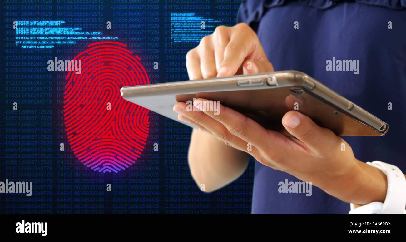 Person using tablet with digital fingerprint interface, exploring security features Stock Photo