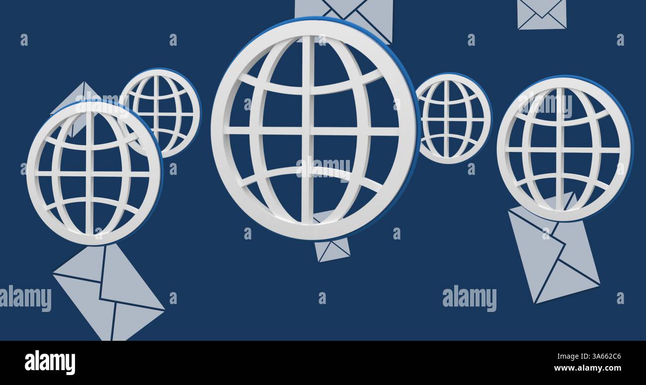 Floating digital globe icons and envelopes representing global communication network Stock Photo
