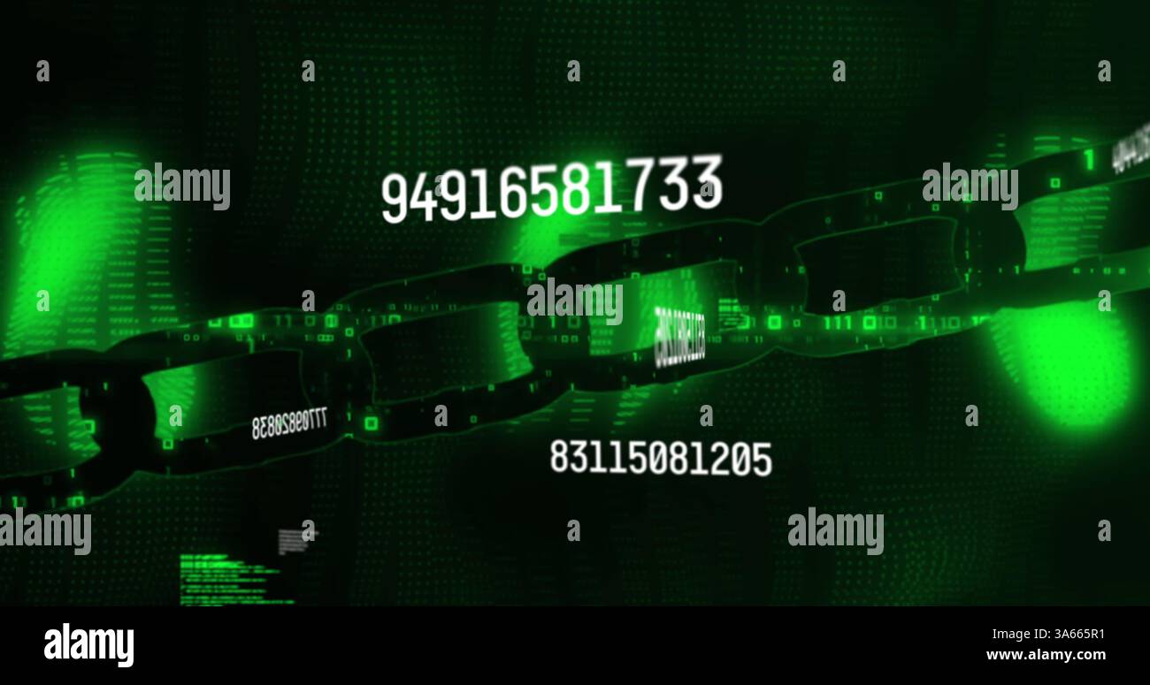 Image of numbers changing and data processing over green glowing online security chain Stock Photo