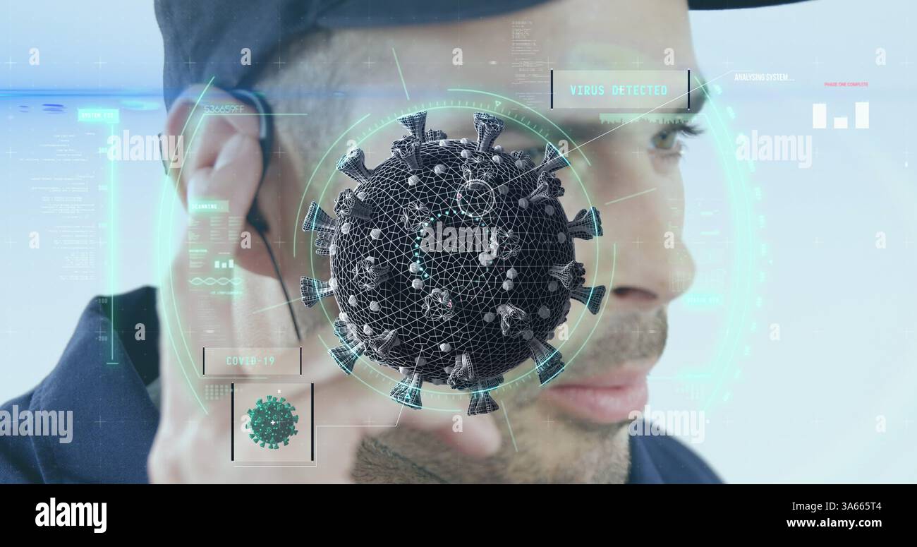 Image of a scope scanning, cell over caucasian man talking on a phone with an earphone Stock Photo