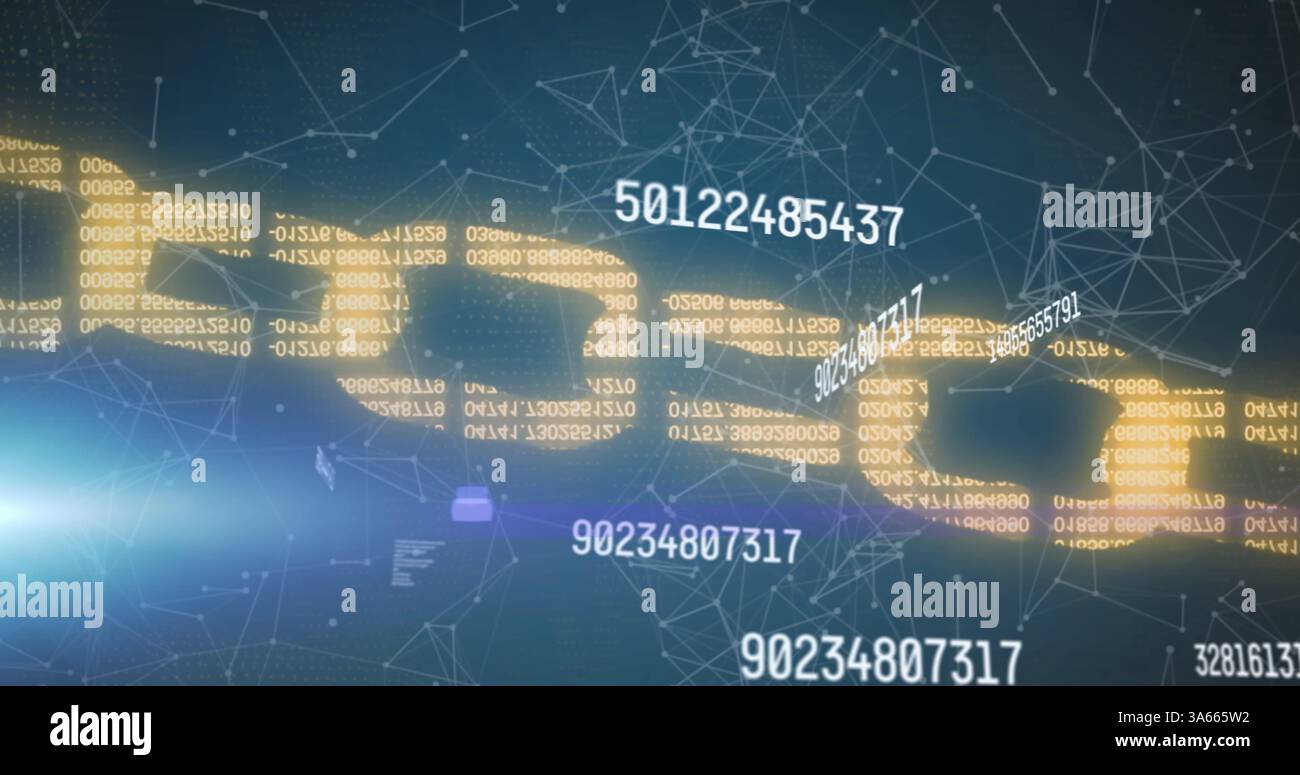 Image of numbers changing and data processing over online security chain Stock Photo