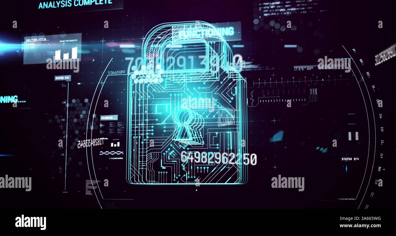 Image of online security padlock numbers changing and data processing Stock Photo
