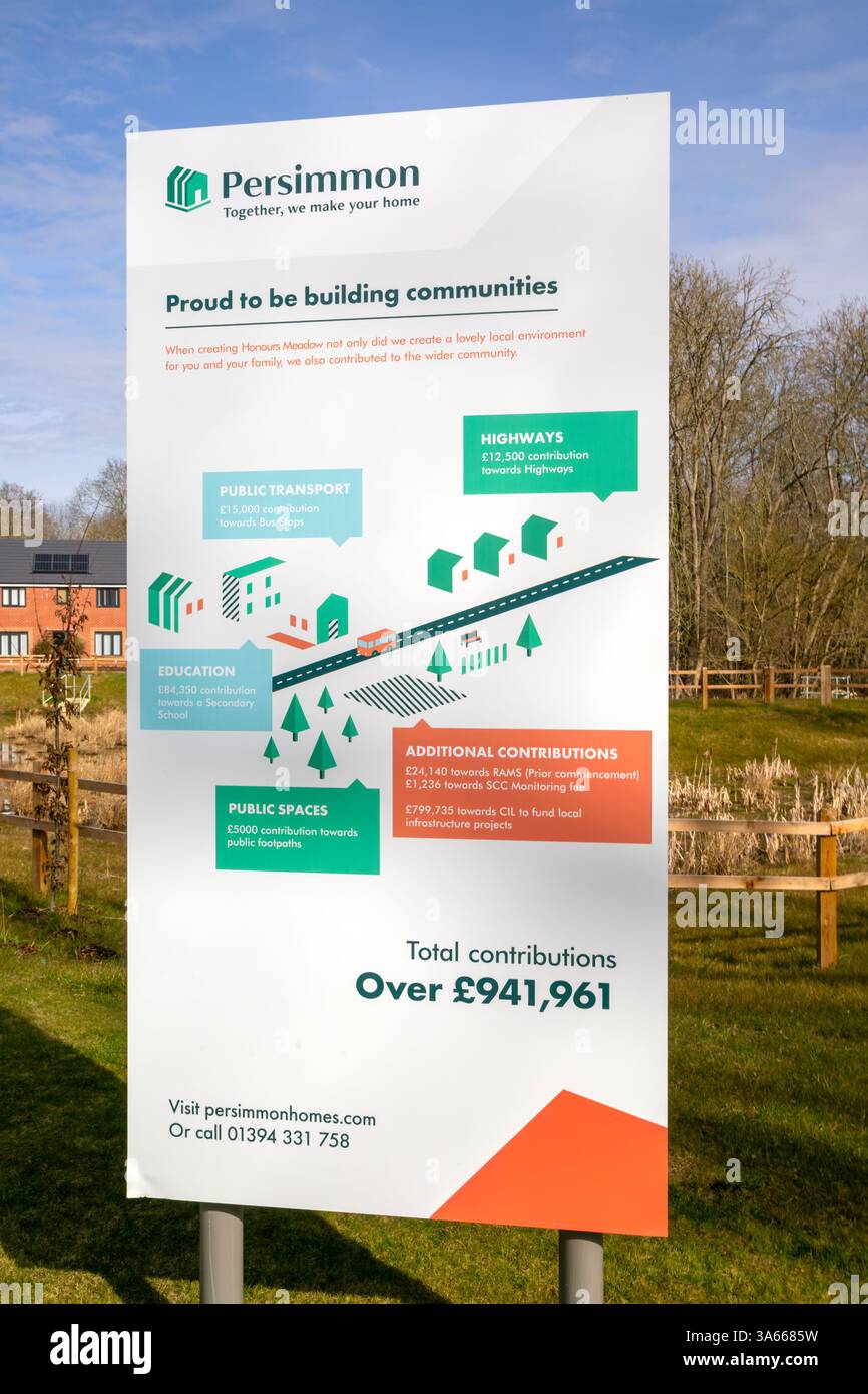 Community contributions notice Honours Meadow new housing development by Persimmon, Rendlesham, Suffolk, England, UK Stock Photo