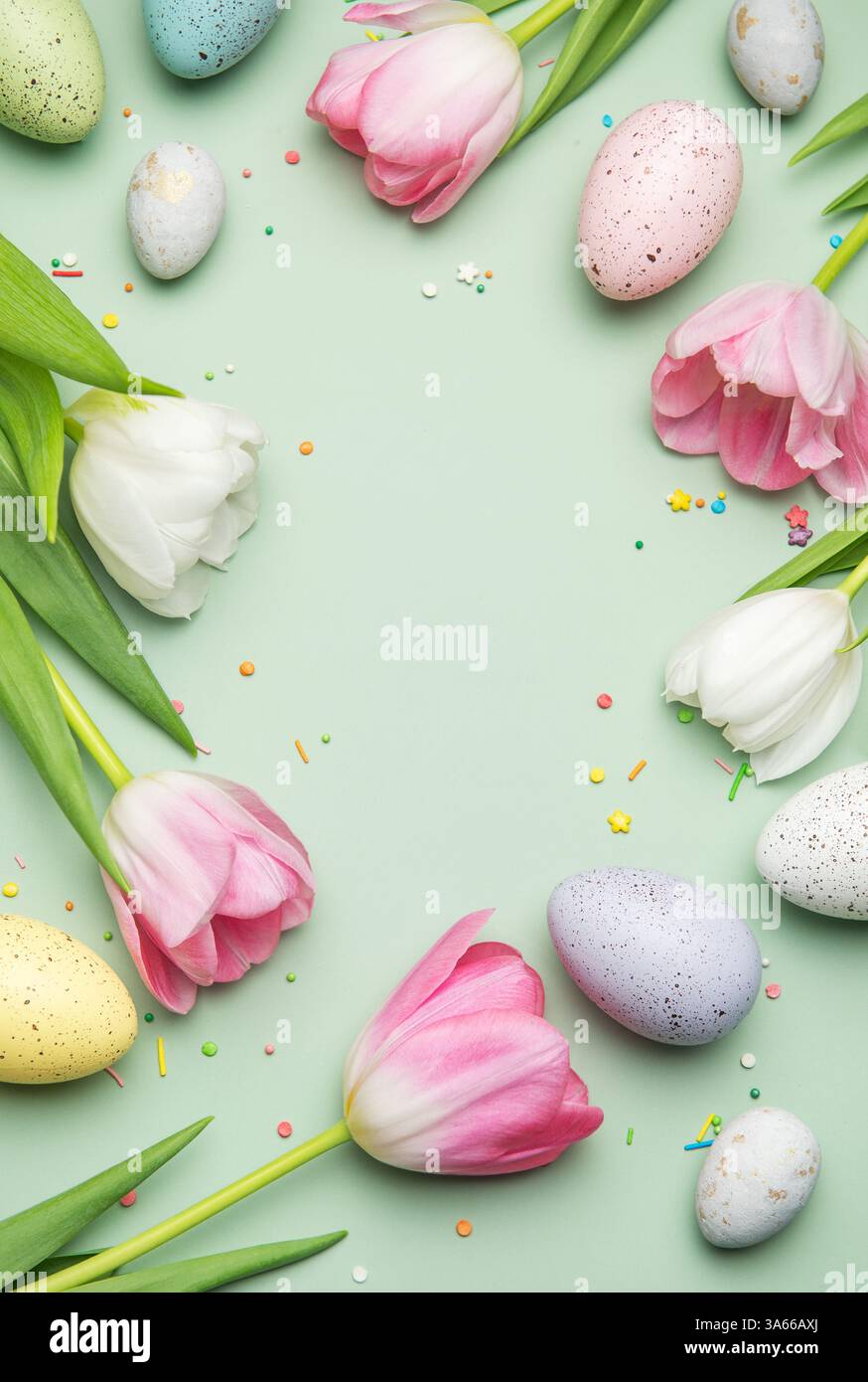 Easter eggs and tulips forming a festive frame on a pastel green ...