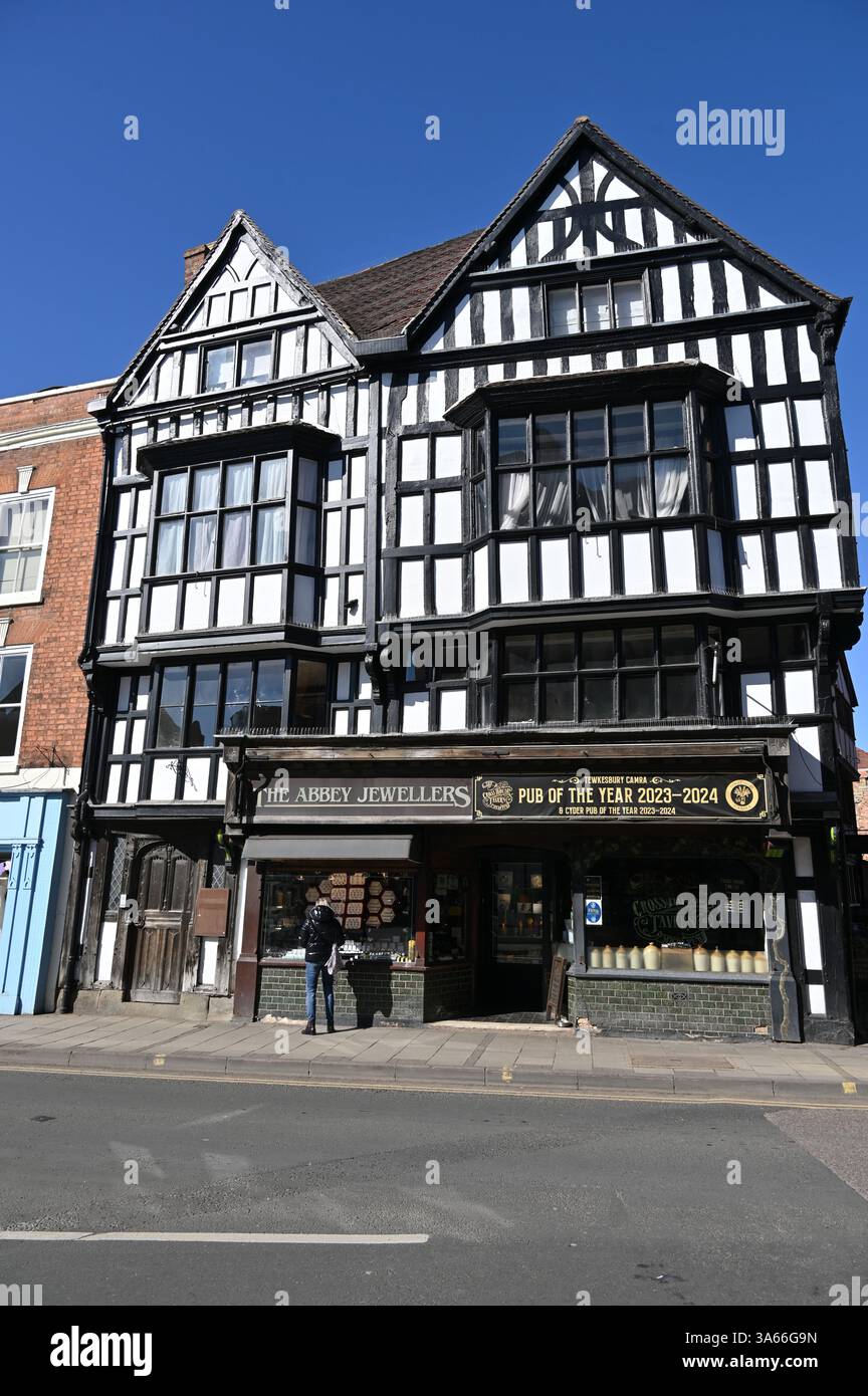 Timber framed buildings on the High Street in the Cotswold town of Tewkesbury, Gloucestershire Stock Photo