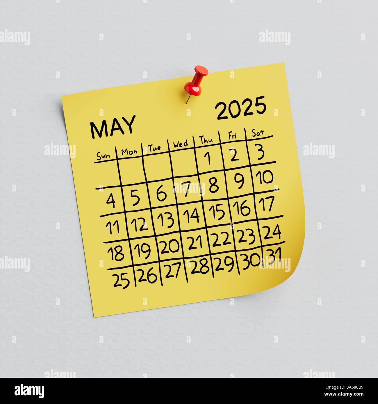 Yellow Note Paper with 2025 Year May Handwritten Calendar and Thumbtack ...
