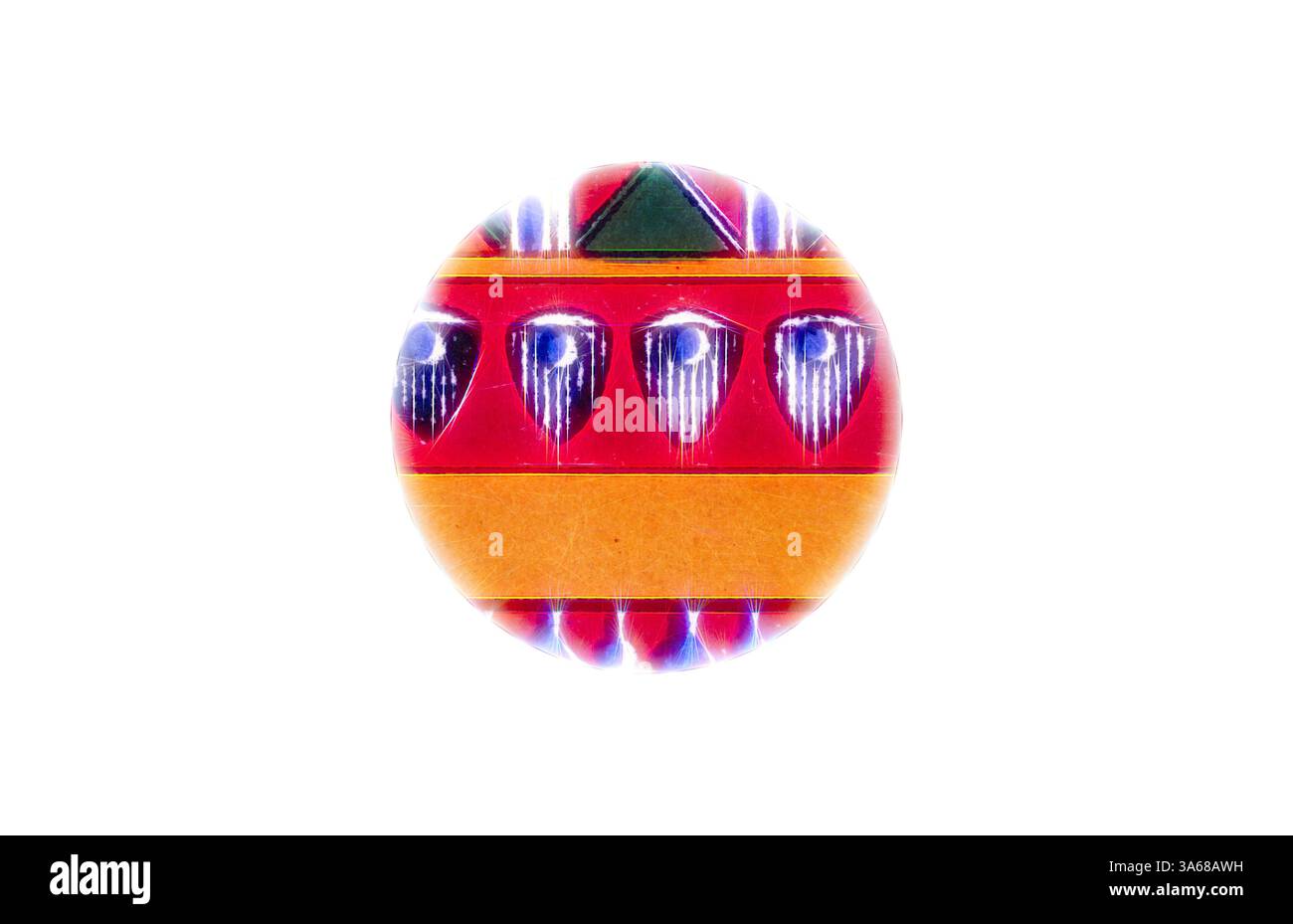 A vibrant circular object featuring intricate patterns in bold colors ...