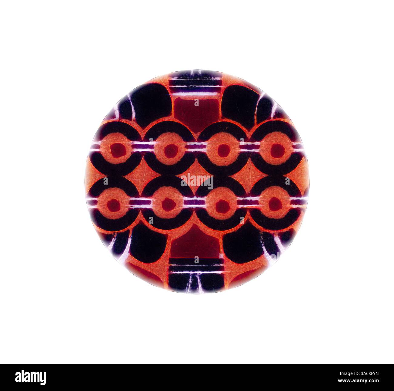 A circular object featuring a vibrant geometric pattern with ...