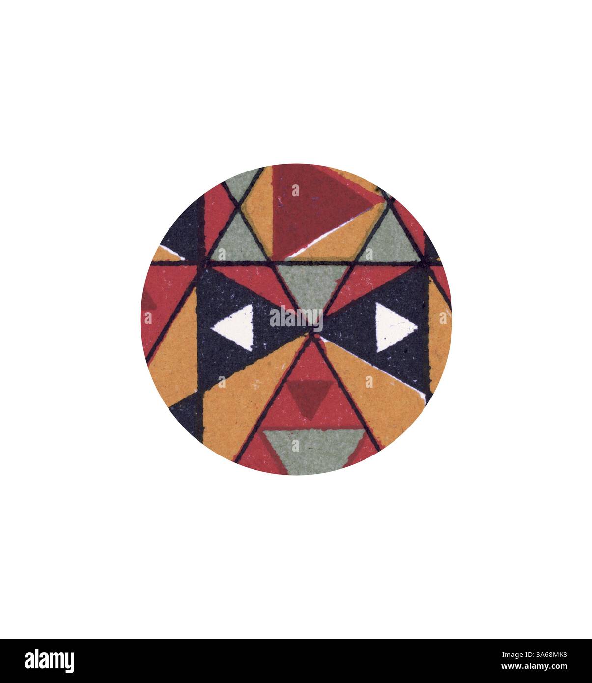 A circular pattern featuring bold geometric shapes in red, yellow ...