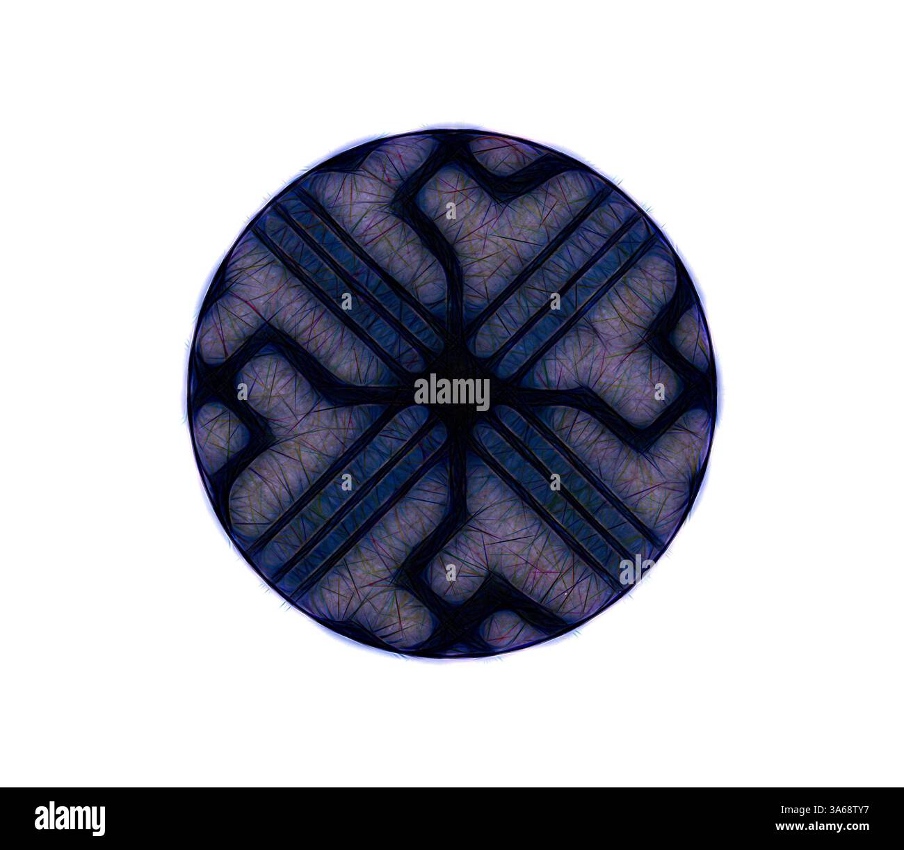 A circular design featuring intricate, intertwining lines that create a ...