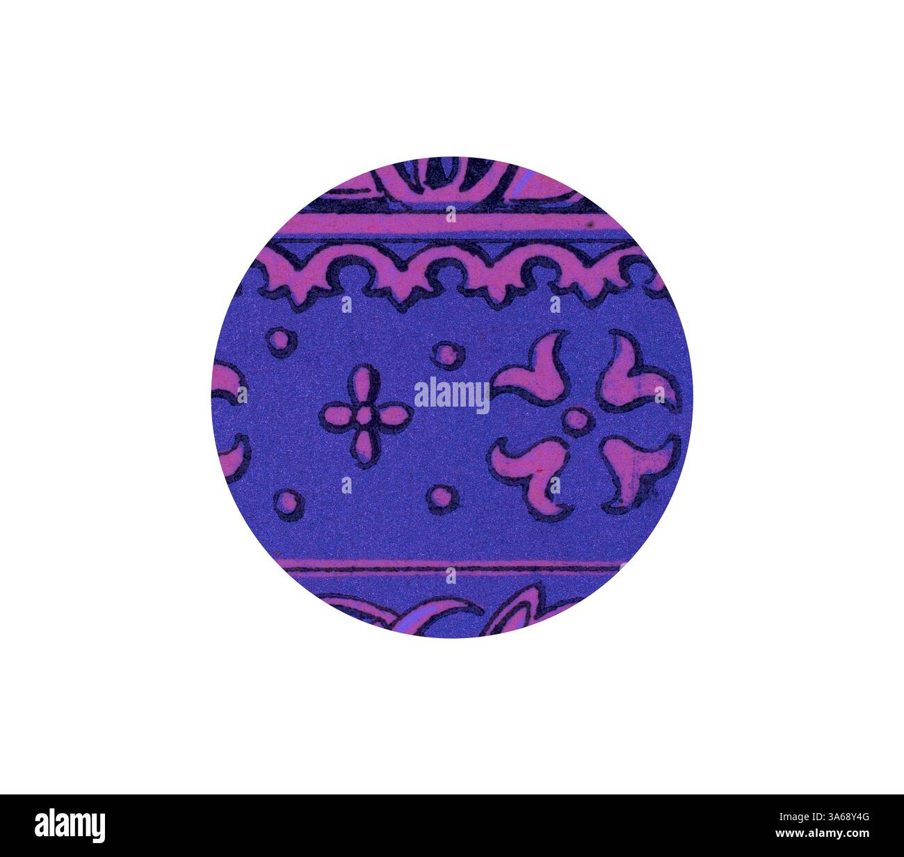 A circular design featuring intricate patterns in vibrant purple and ...