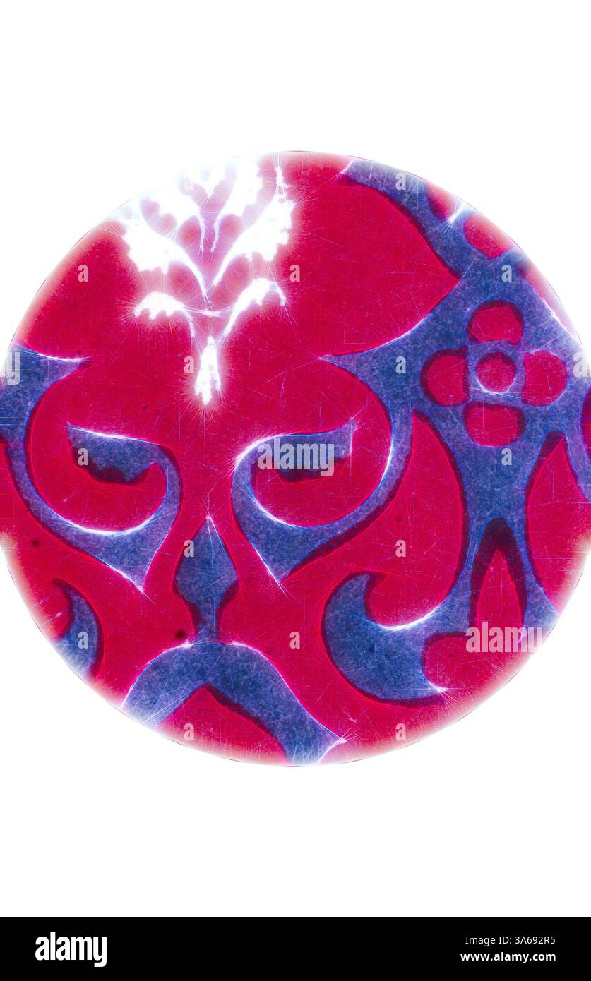Visual Motif Design A vibrant circular pattern features bold red and blue designs ...