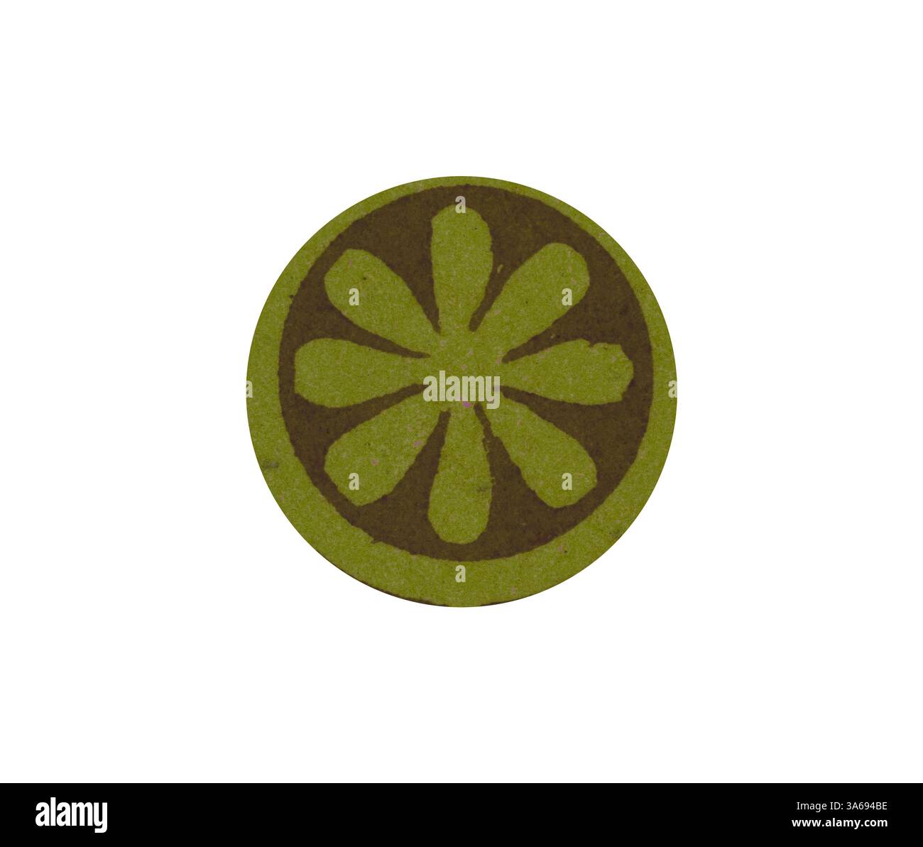 A circular design featuring a stylized flower with elongated petals ...