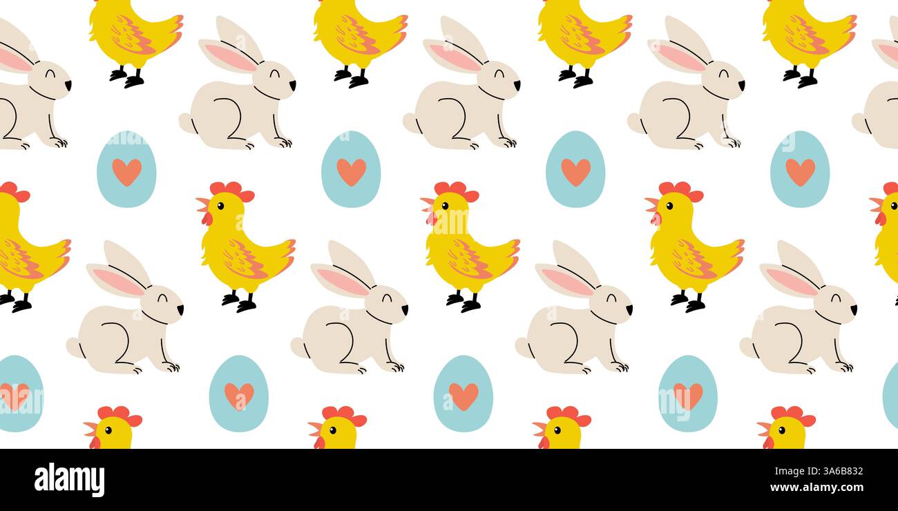 Fun and colorful pattern featuring rabbits, chicks, and Easter eggs for festive decor Stock Vector