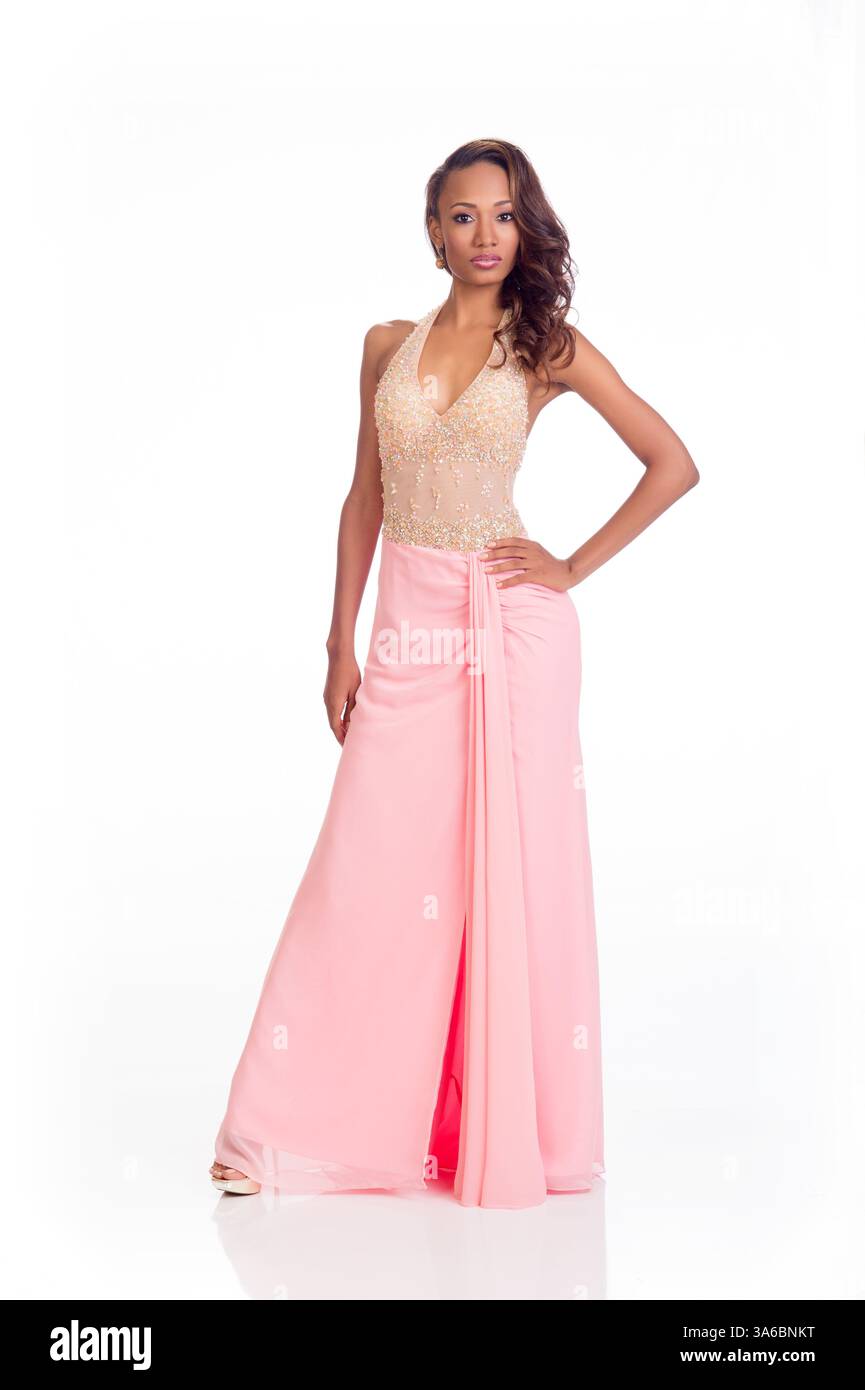 Jan 7, 2015 - Doral-Miami, Florida, U.S. - ROXANNE DIDIER-NICHOLAS, Miss St. Lucia 2014 poses is her evening gown upon arriving to Trump National Doral Miami. The Miss Universe contestants are touring, filming, rehearsing and preparing to compete for the DIC Crown. (Credit Image: © Matt Petit/Miss Universe Organization/ZUMAPRESS.com) Stock Photo