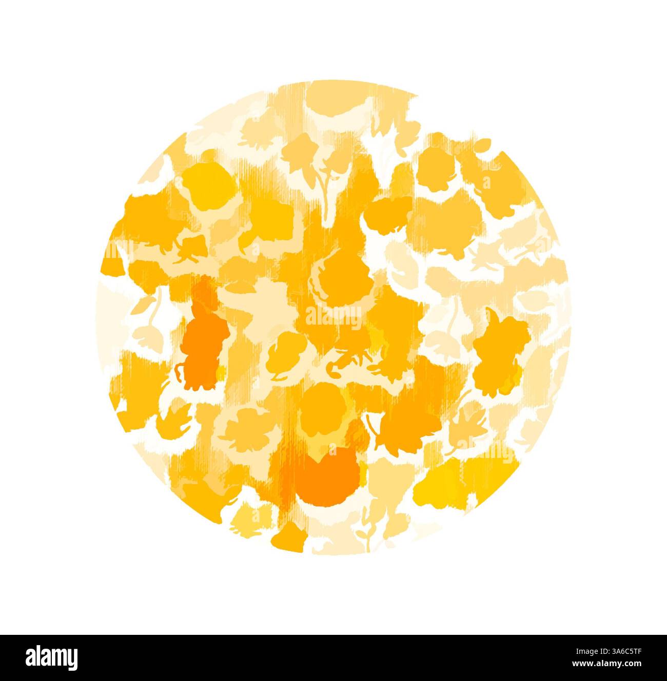 A circular design filled with abstract patterns in various shades of yellow, resembling a playful interpretation of popcorn kernels. Classic art with a modern twist reimagined by Artotop, Transformed French Fabrics, First Half of the Nineteenth Century Stock Photo