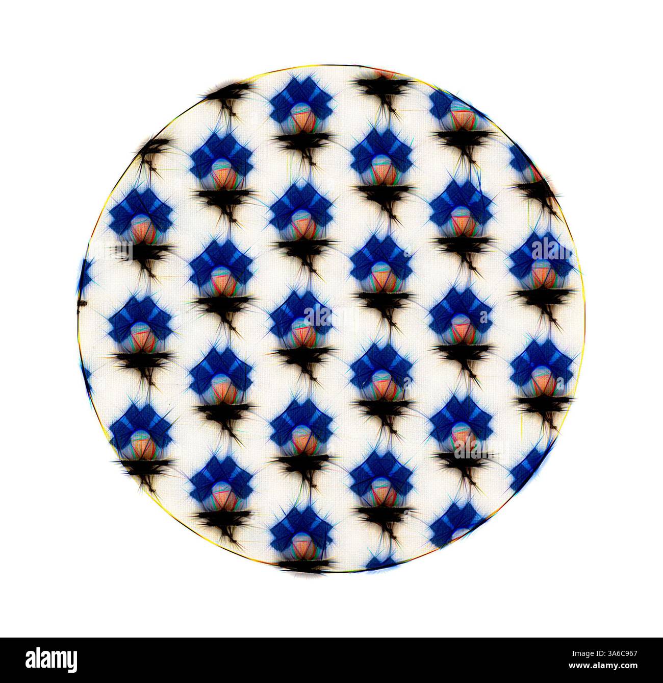 A circular pattern featuring intricate floral designs in vibrant blue ...