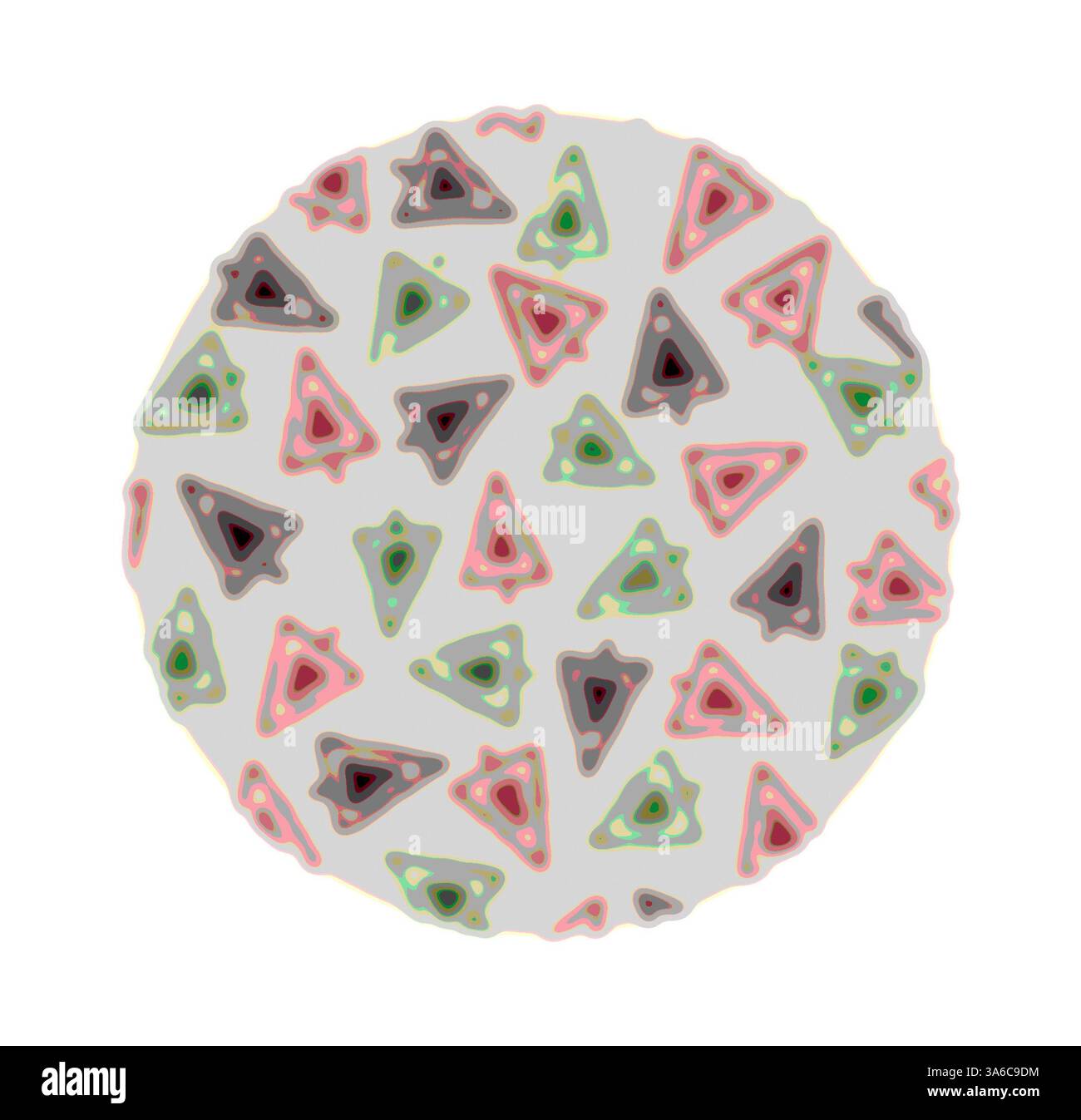 A circular arrangement filled with various triangular shapes in shades ...