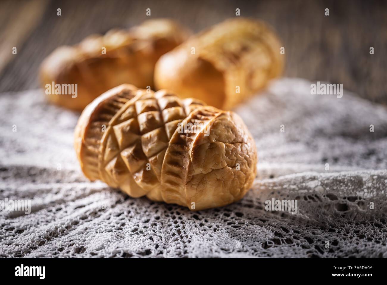 Oscypki - Traditional salty smoked cheese made from sheep's milk from the Polish region of Zakopane under the High Tatras. Stock Photo
