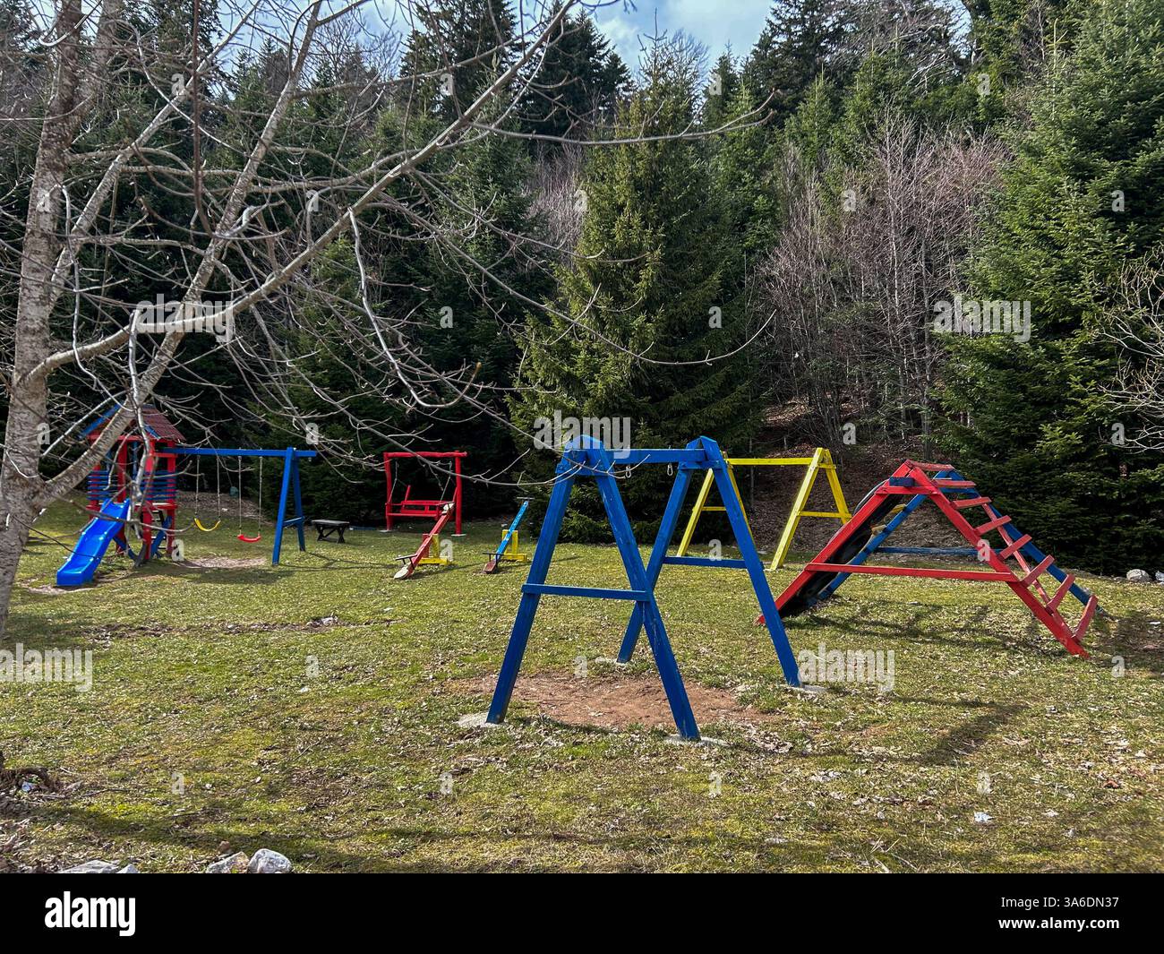 Children's playground surrounded by tall trees and forest, offering a peaceful retreat. - Smartphone Captured Stock Image