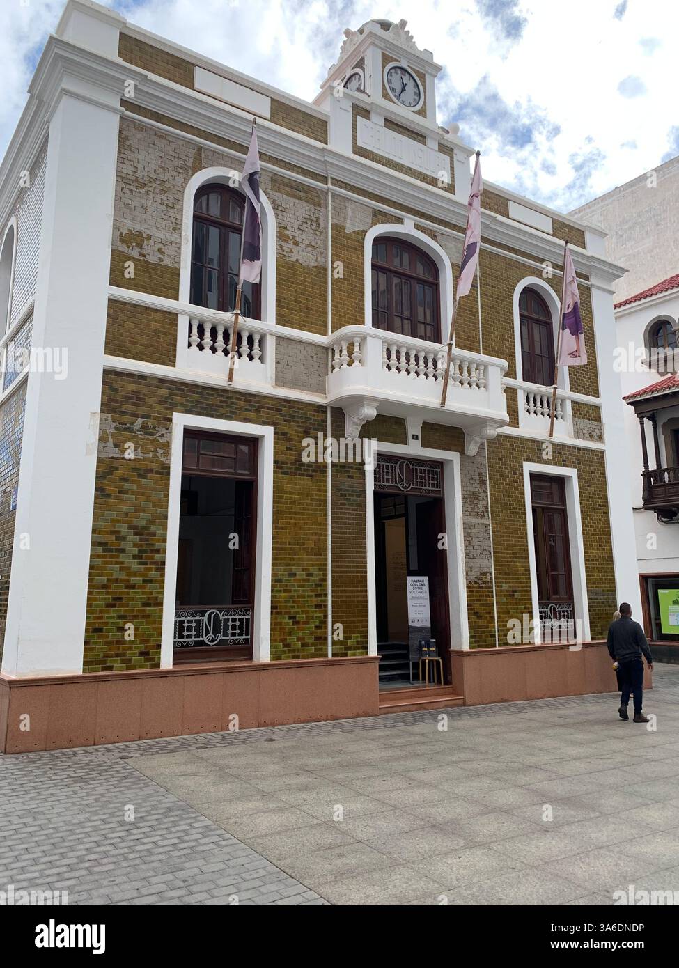 Tenerife tropical drink statue crates crate green door house with a balcony shop shops poster posters Canary Island Islands Spain man selling lottery - Smartphone Captured Stock Image
