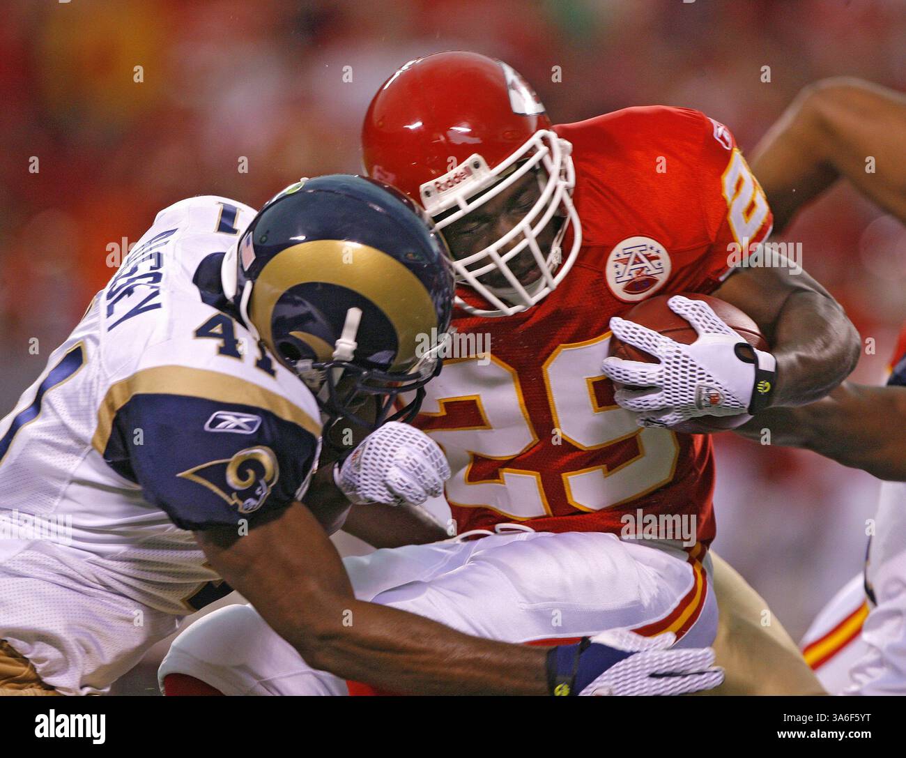 Aug. 28, 2008 - St. Louis Rams cornerback Eric Bassey (41) slams into  Kansas City Chiefs running back Dantrell Savage (29) on the opening  kick-off forcing Savage to fumble the ball away