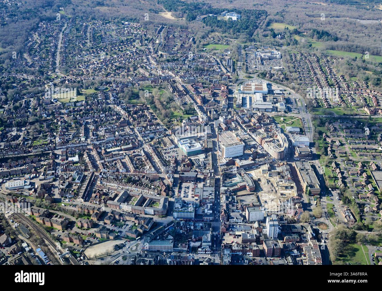 An Aerial view of Aldershot town centre, Berkshire, south east England, UK Stock Photo