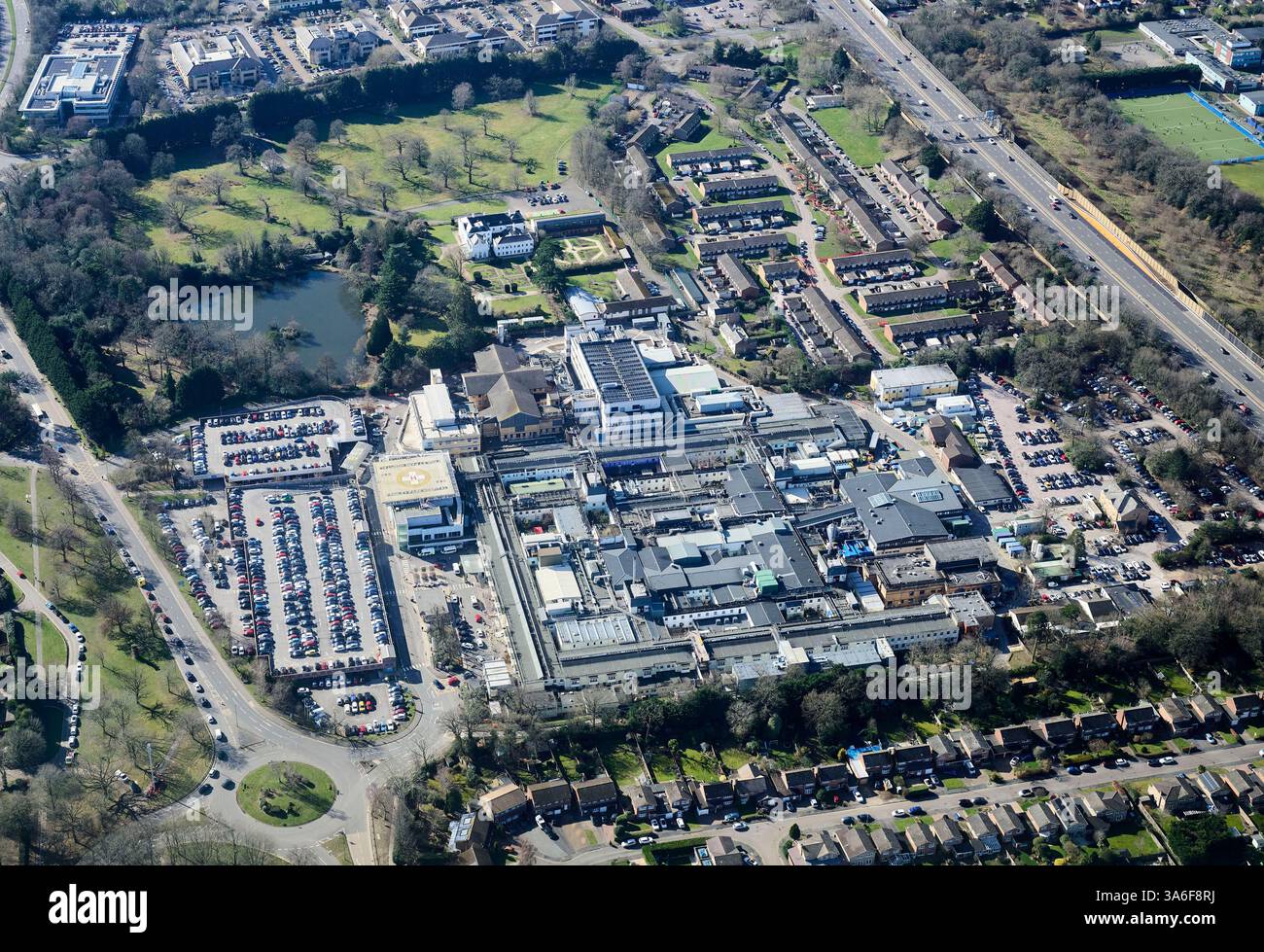 A drone shot of Frimley Park Hospital complex, south east England, UK ...