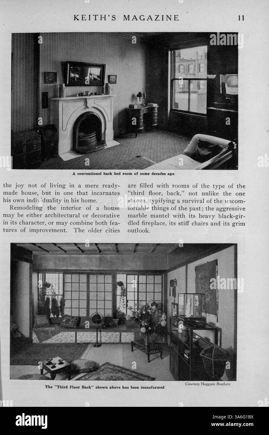 Keith's Magazine, 1919, covers home building projects, providing floor plans, architectural designs, and cost breakdowns for a variety of residential styles, including interior and landscape design. Stock Photo