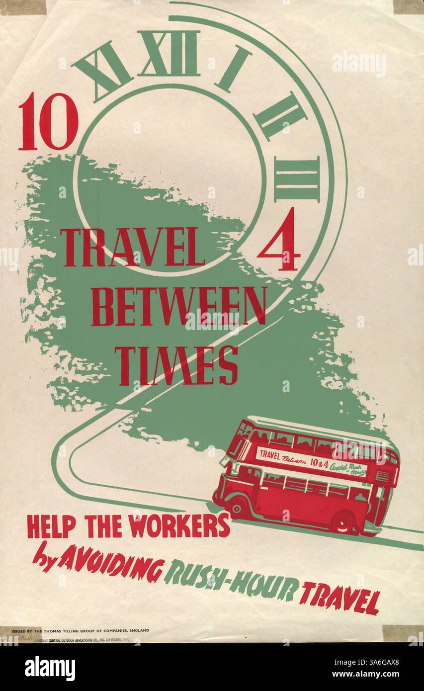 This 1950s-era poster promotes avoiding rush-hour travel with a visual ...