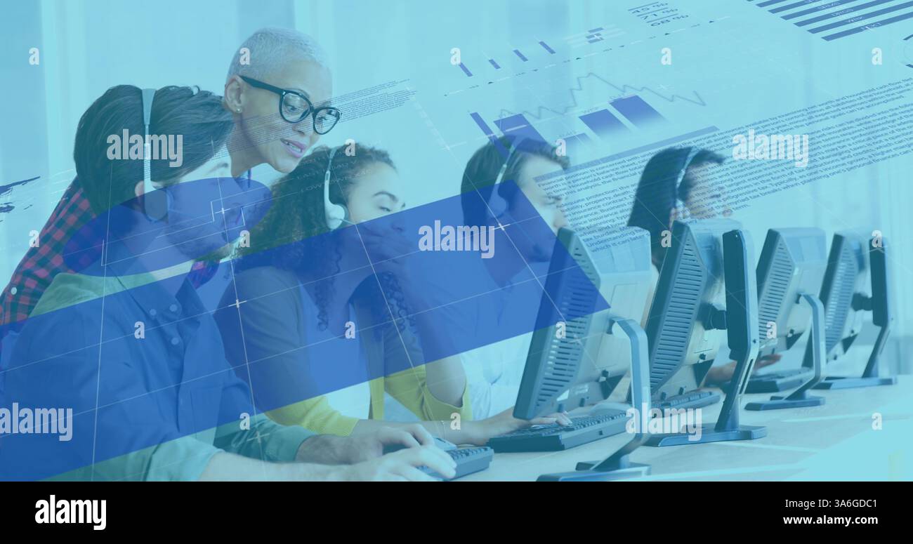 Diverse team collaborating on computers, analyzing digital data in modern office. Teamwork, collaboration, technology, data analysis, workplace, teamw Stock Photo