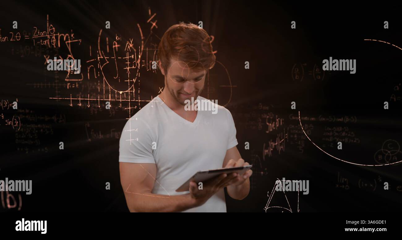 Calculation Math A Man Using tablet, man surrounded by floating mathematical equations ...
